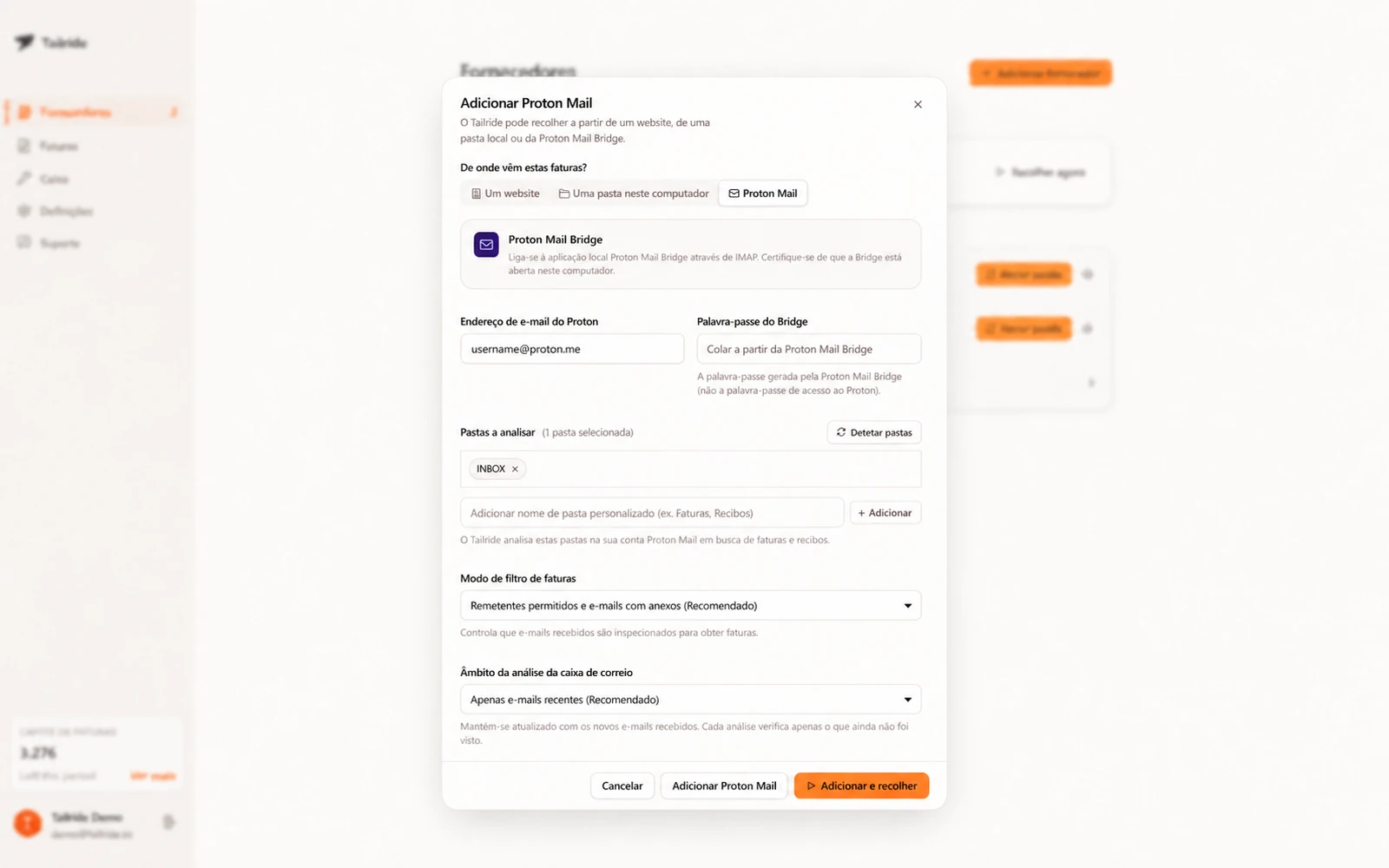 Configuração do Proton Mail Bridge no Tailride com seleção de pastas e filtros de faturas