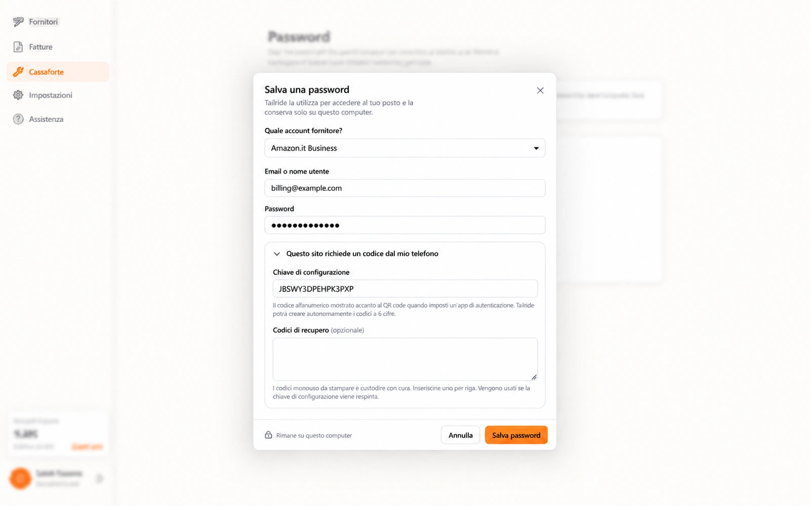Finestra di inserimento credenziali su Tailride con password mascherata e chiave di configurazione TOTP