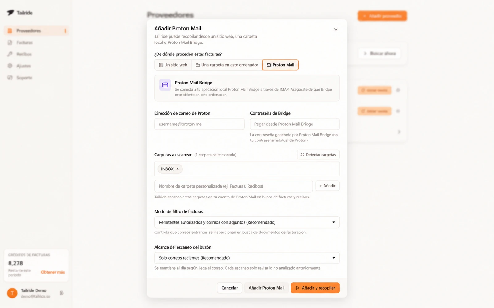 Configuración de Proton Mail Bridge en Tailride mostrando la selección de carpetas y filtros de facturación