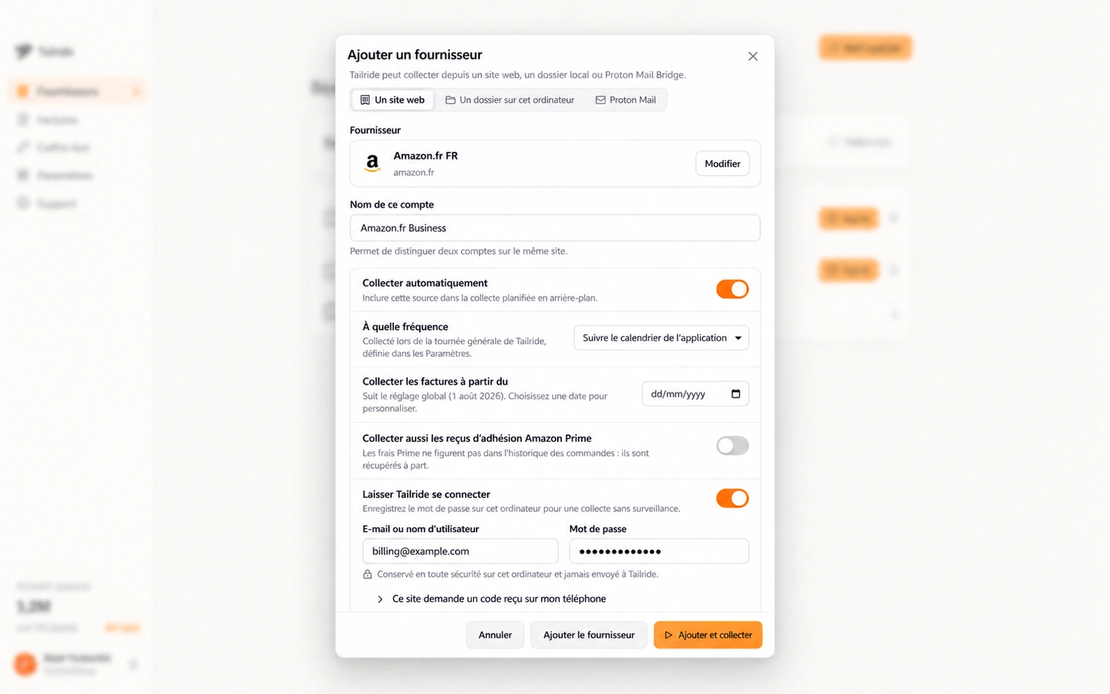 Paramètres d'un fournisseur sur Tailride Desktop avec collecte automatique et connexion enregistrée