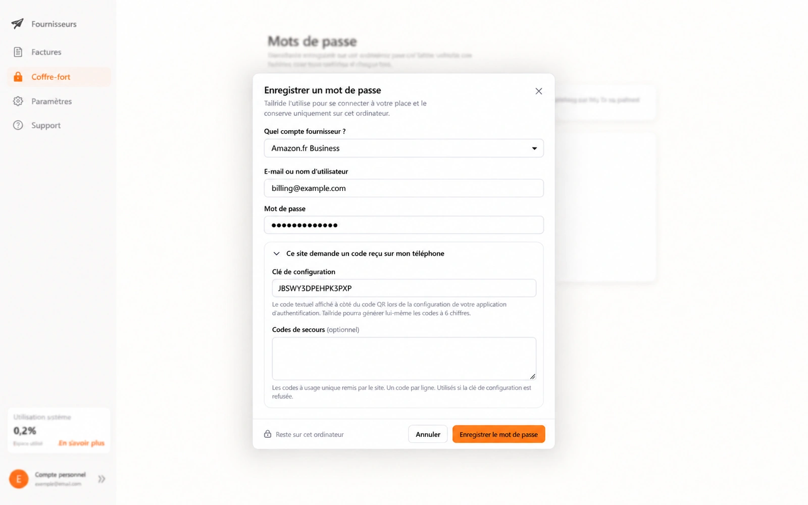 Fenêtre de saisie des identifiants dans Tailride avec mot de passe masqué et clé de configuration TOTP