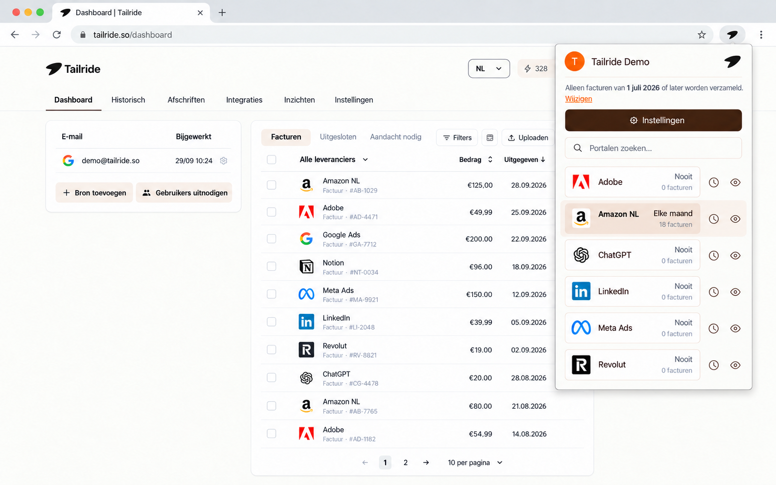 Tailride browserextensie geconfigureerd om maandelijks automatisch facturen van Amazon Business te verzamelen