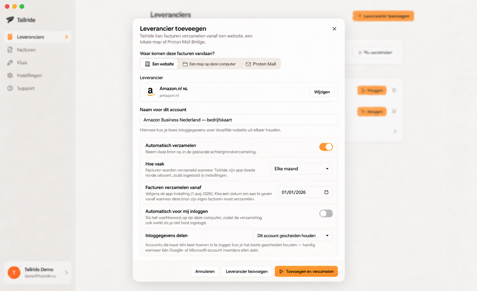 Automatische downloads van Amazon Business-facturen plannen in de Tailride desktop-app