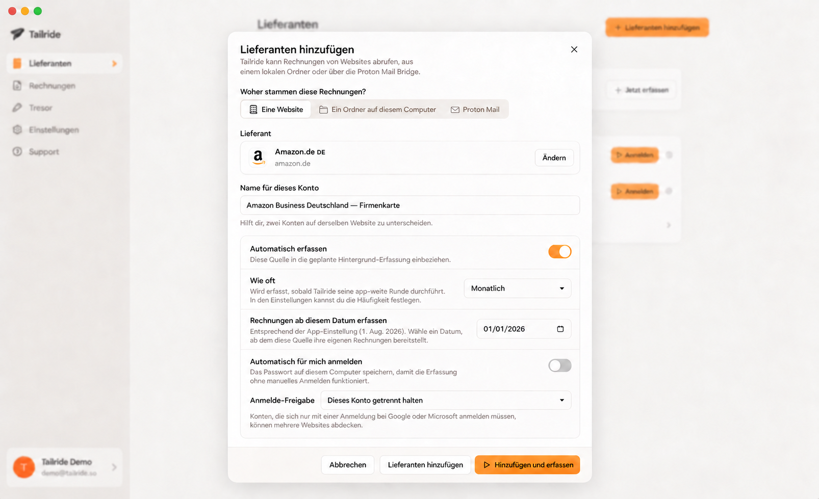 Automatischen Download von Amazon Business Rechnungen in der Tailride Desktop-App einrichten