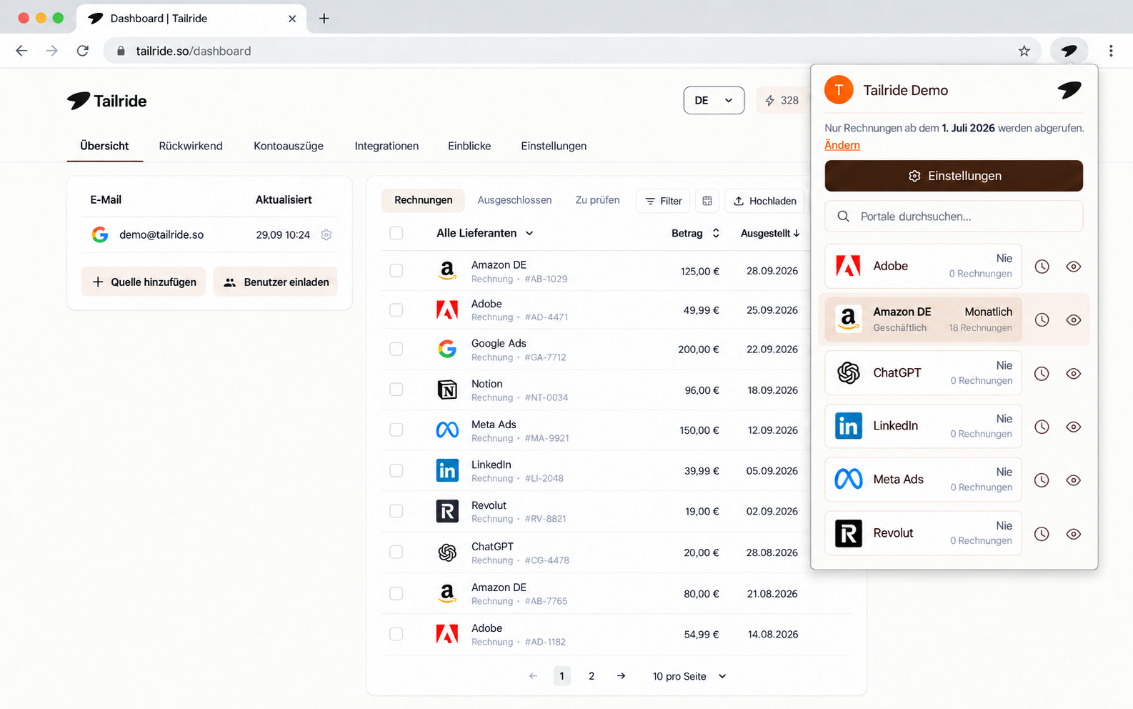 Tailride Browser-Erweiterung für den monatlichen automatischen Rechnungsabruf bei Amazon Business