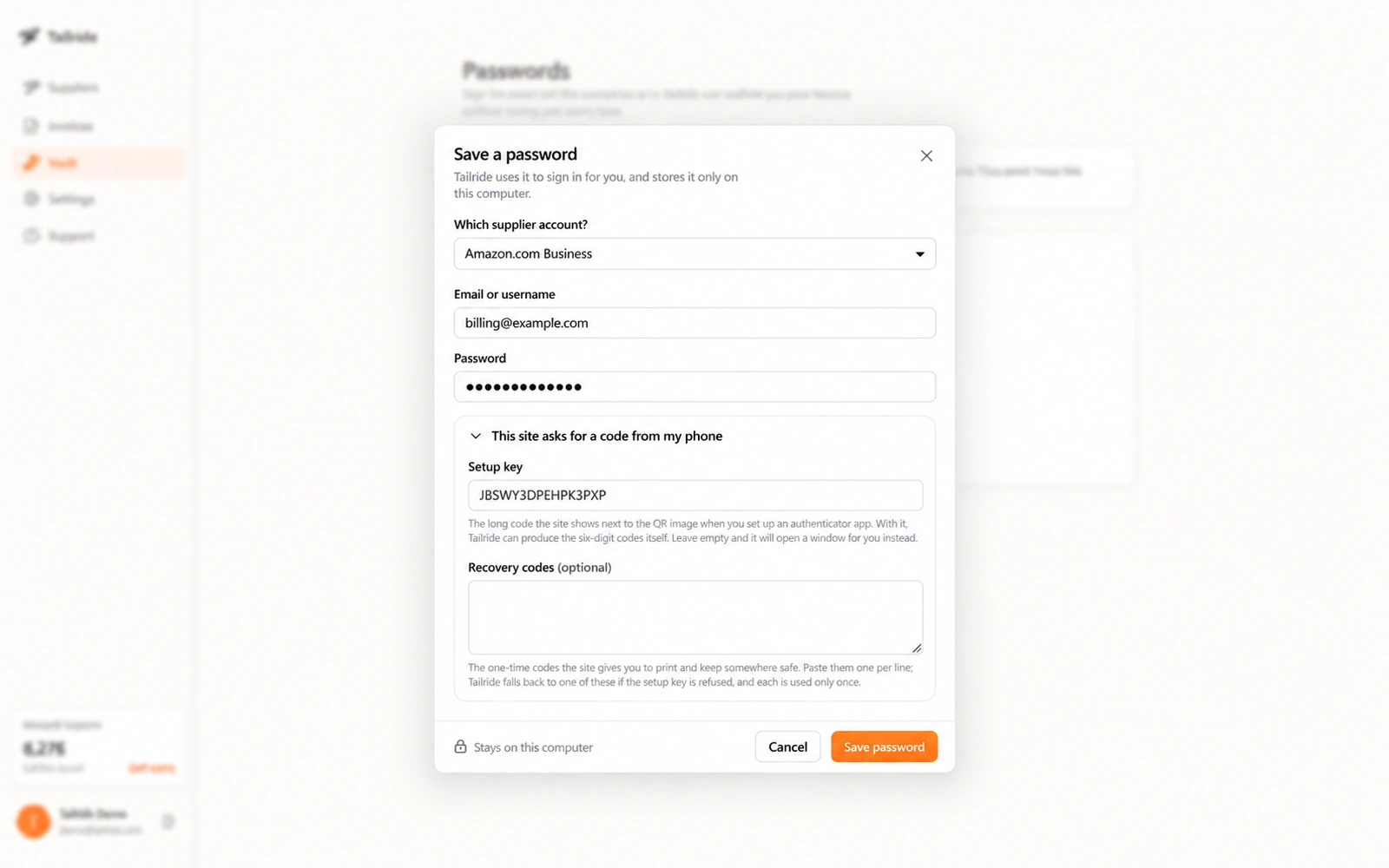 Tailride Desktop Save a password form with an illustrative Amazon Business login and TOTP setup key