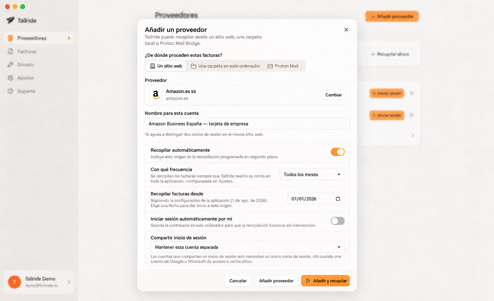 Programación de la descarga automática de facturas de Amazon Business en la app de escritorio de Tailride
