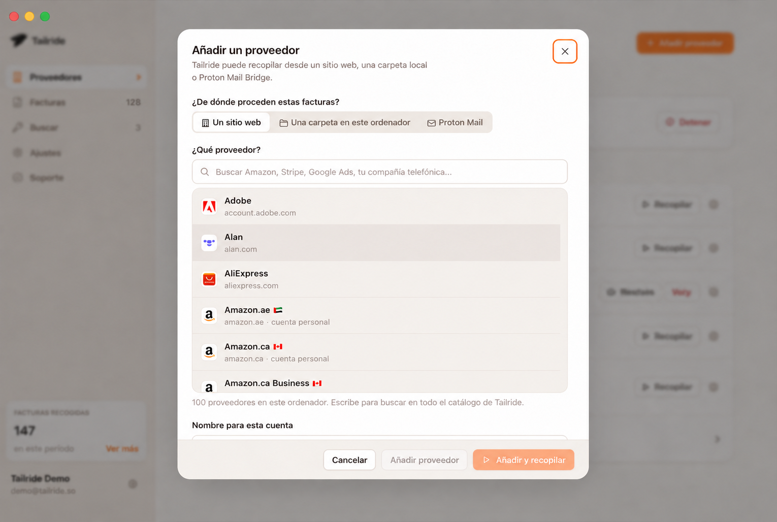 Añadir origen de facturación en Tailride para Mac