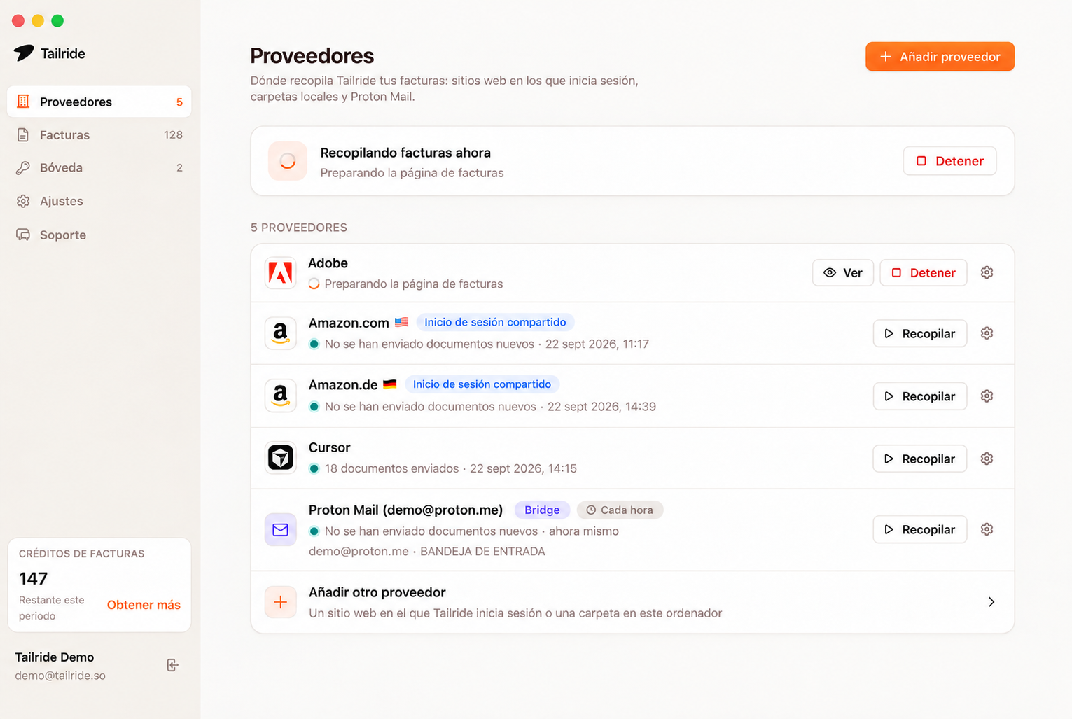 Tailride gestionando la recopilación de facturas en Mac