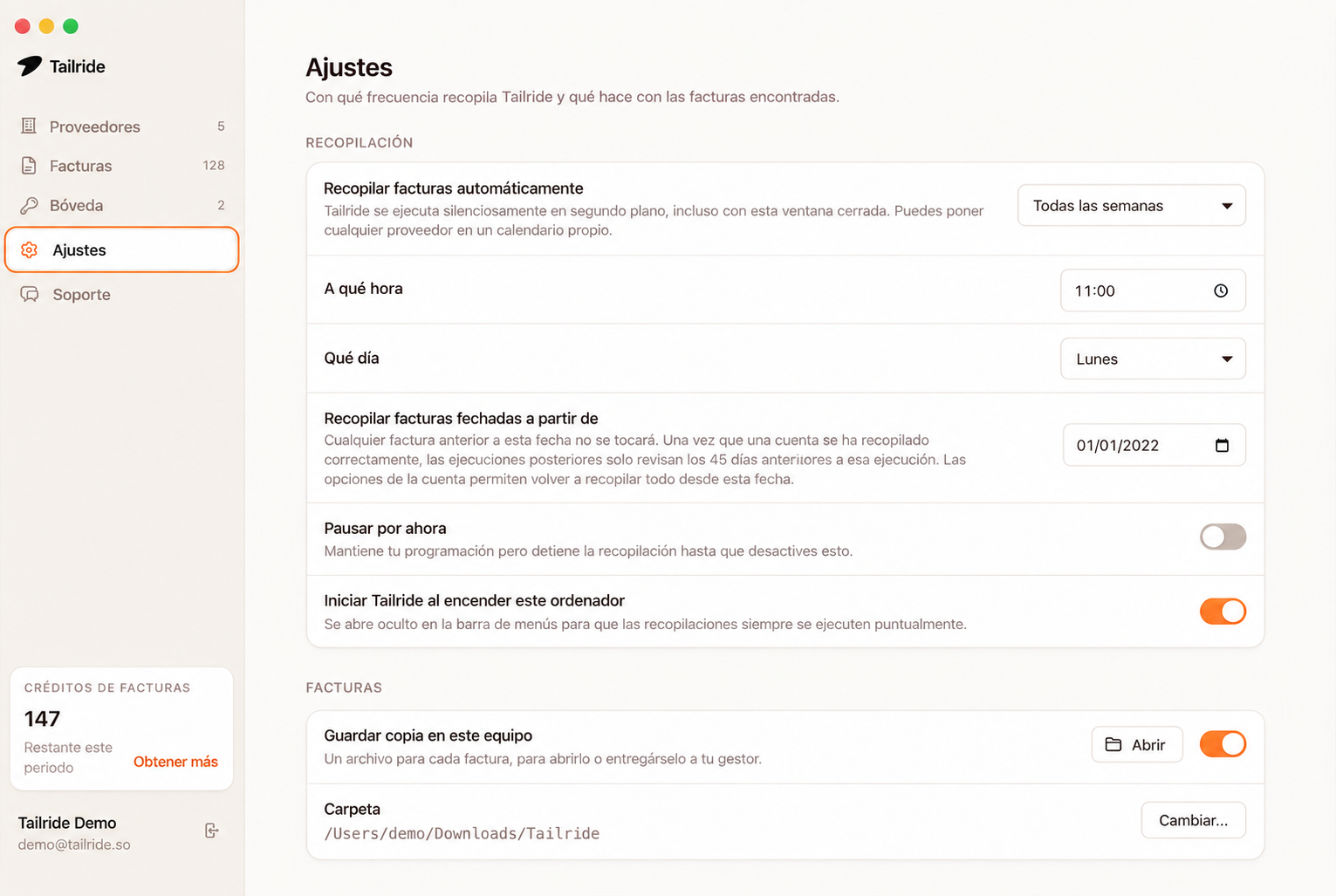 Configuración de frecuencia para la descarga de facturas en Mac