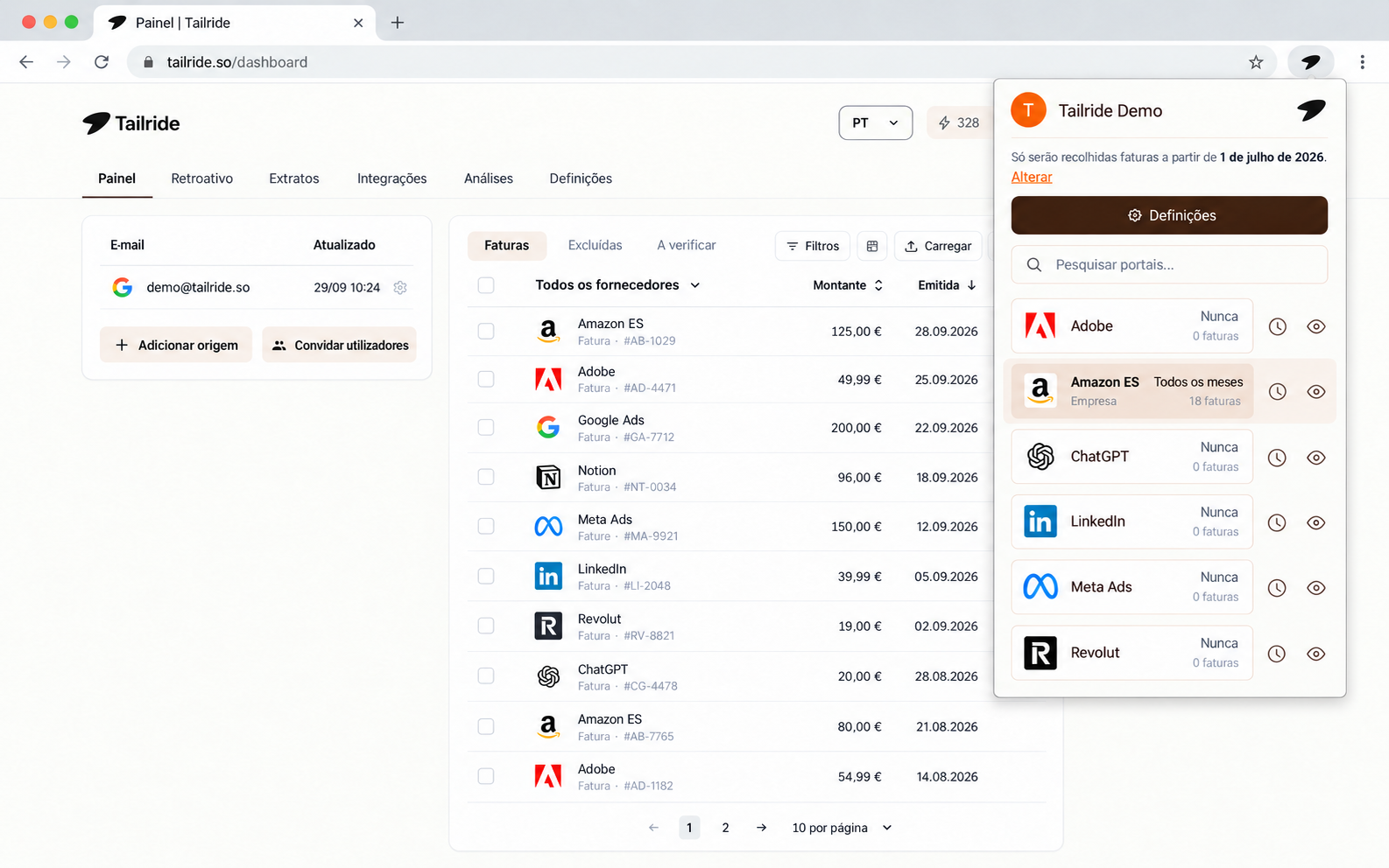 Extensão de browser da Tailride configurada para recolha periódica de faturas da Amazon Business