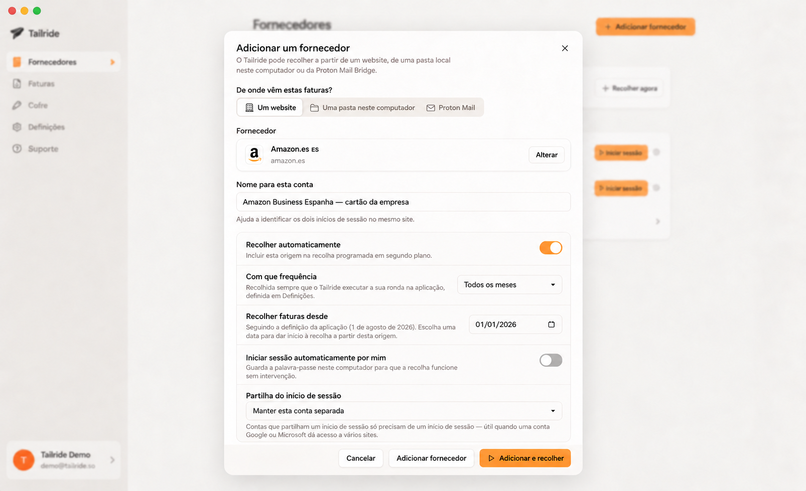 Agendamento da transferência automática de faturas da Amazon Business na aplicação Tailride