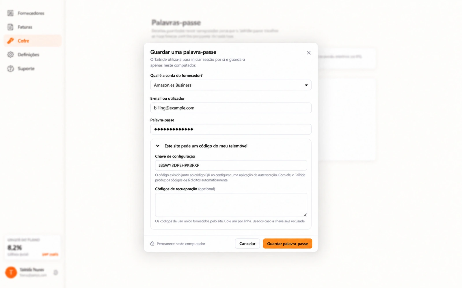Formulário do Tailride Desktop para guardar credenciais com conta Amazon Business e chave TOTP