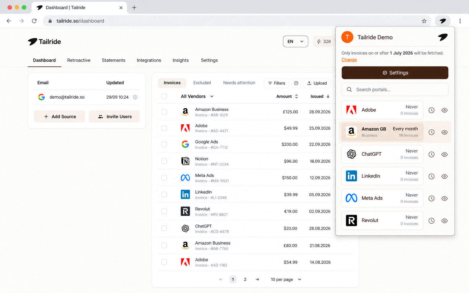 Tailride browser extension configured to collect Amazon Business invoices automatically every month