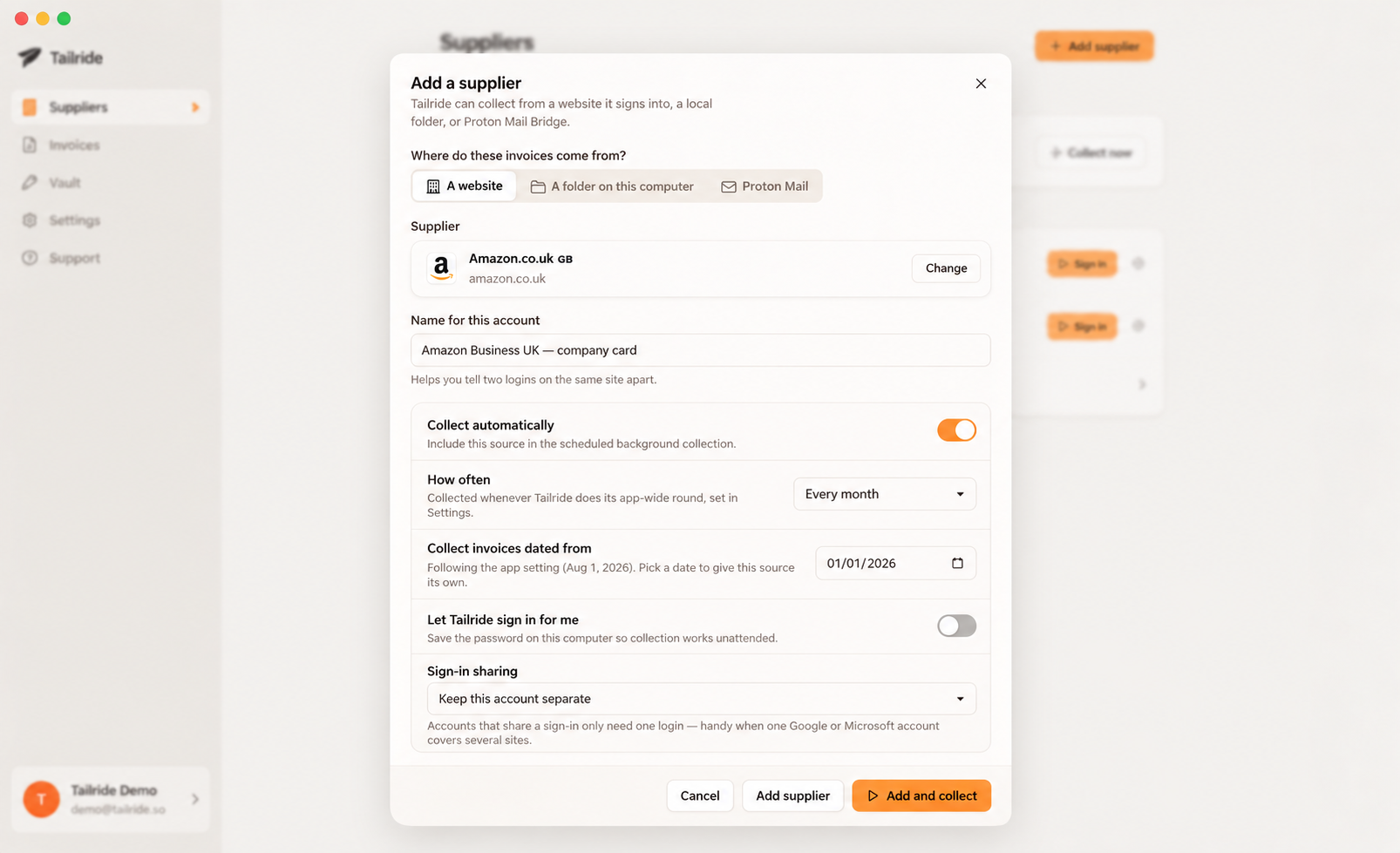 Scheduling automatic Amazon Business invoice downloads in the Tailride desktop app