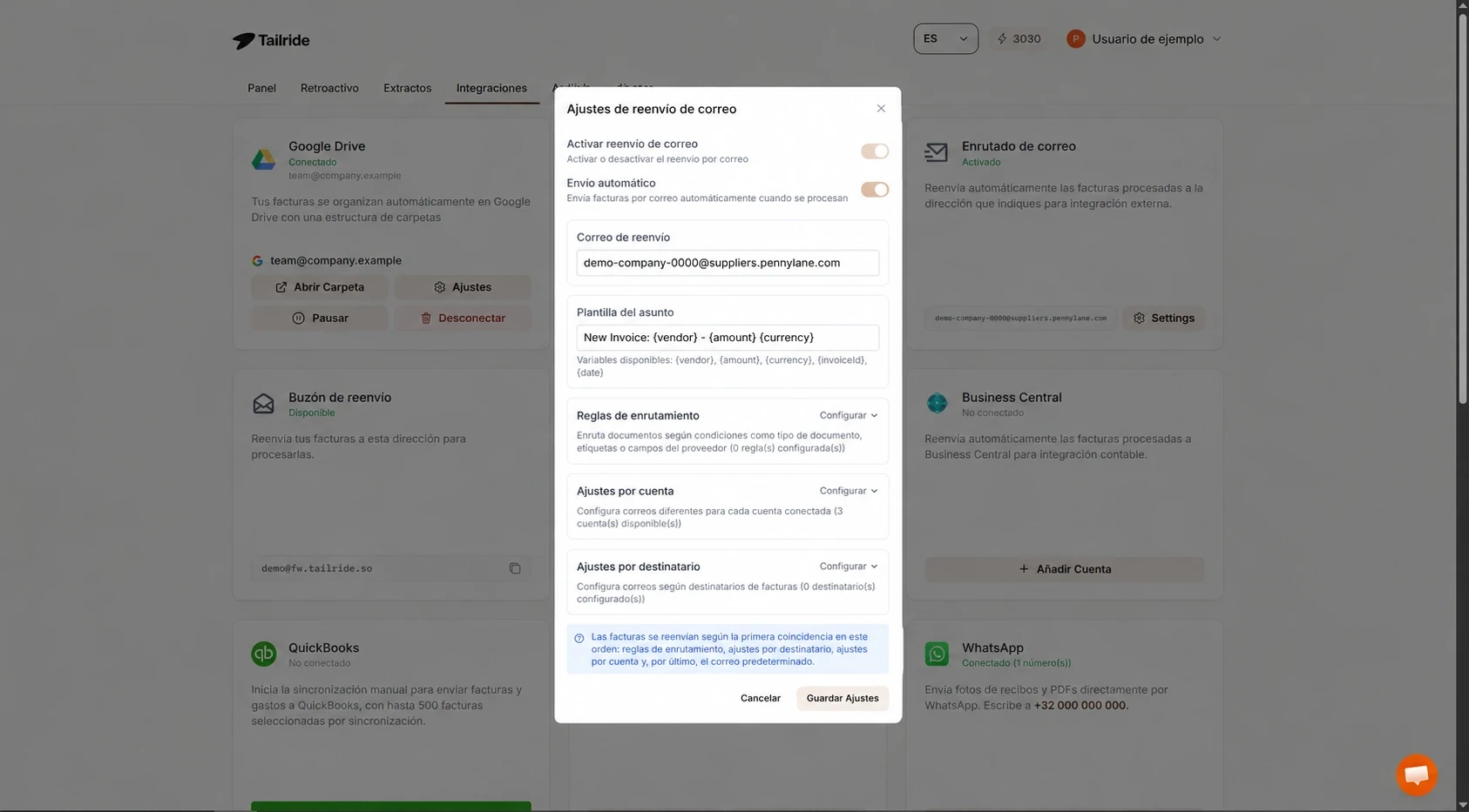 Ajustes de Email Routing en Tailride con envío automático hacia Pennylane