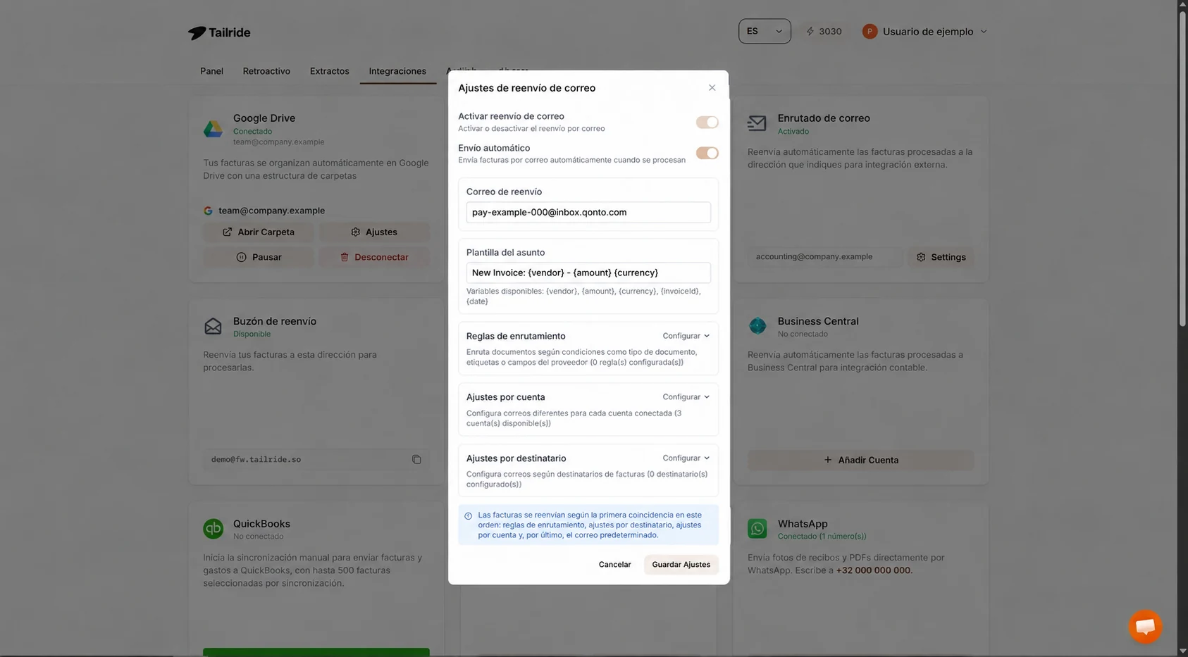 Tailride Email Routing settings with automatic sending enabled and an illustrative Qonto pay address