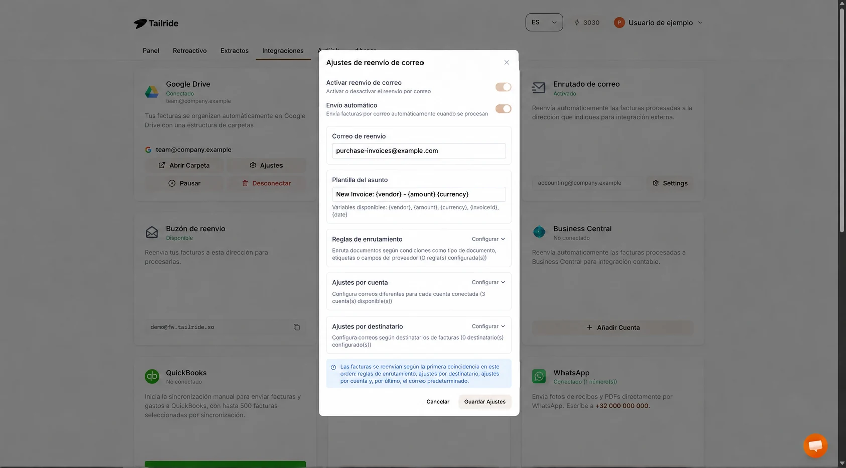 Configuración de enrutamiento de correo en Tailride con envío automático y dirección ficticia de Cloud Demat