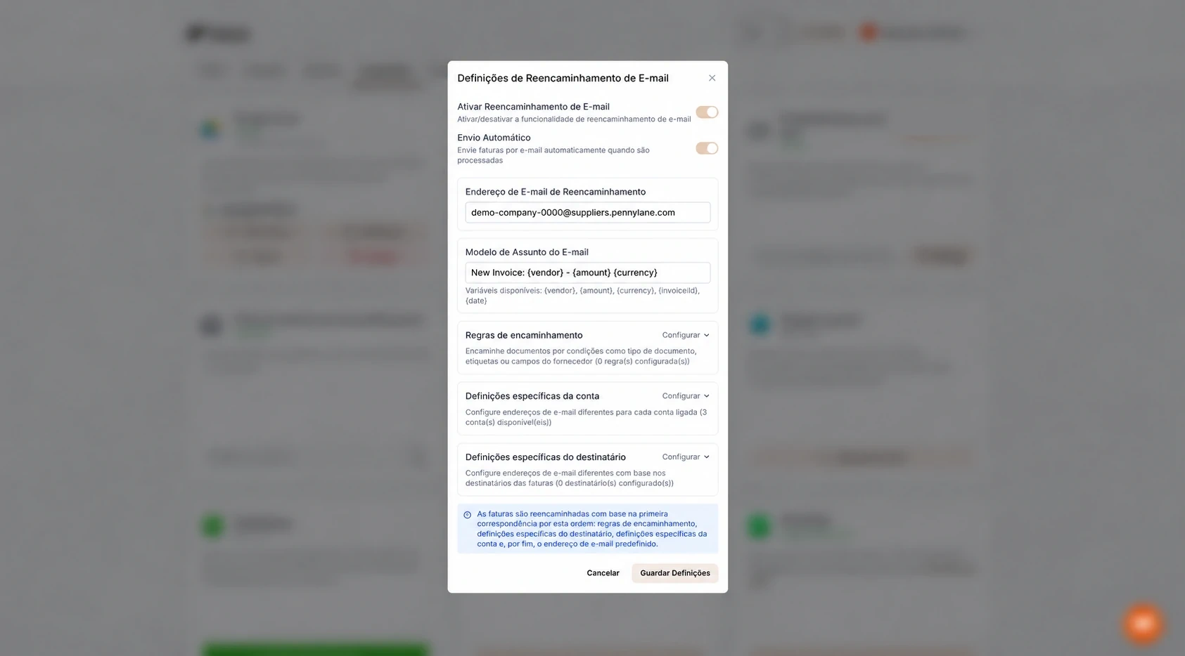 Definições de Email Routing no Tailride com envio automático ativo e endereço de compras do Pennylane