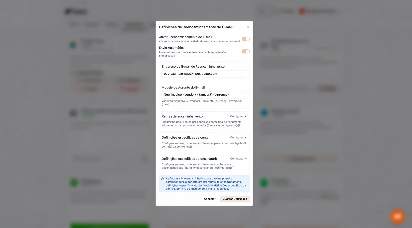 Definições de Email Routing no Tailride com envio automático ligado e endereço Qonto ilustrativo