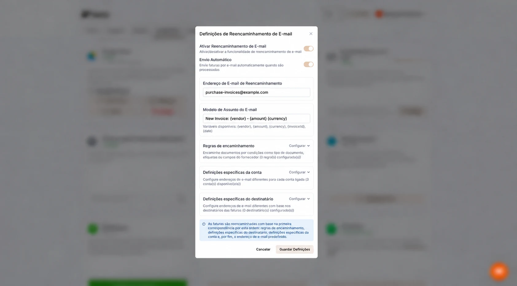 Definições de Encaminhamento de e-mail do Tailride com o envio automático ativado e um endereço de destino fictício