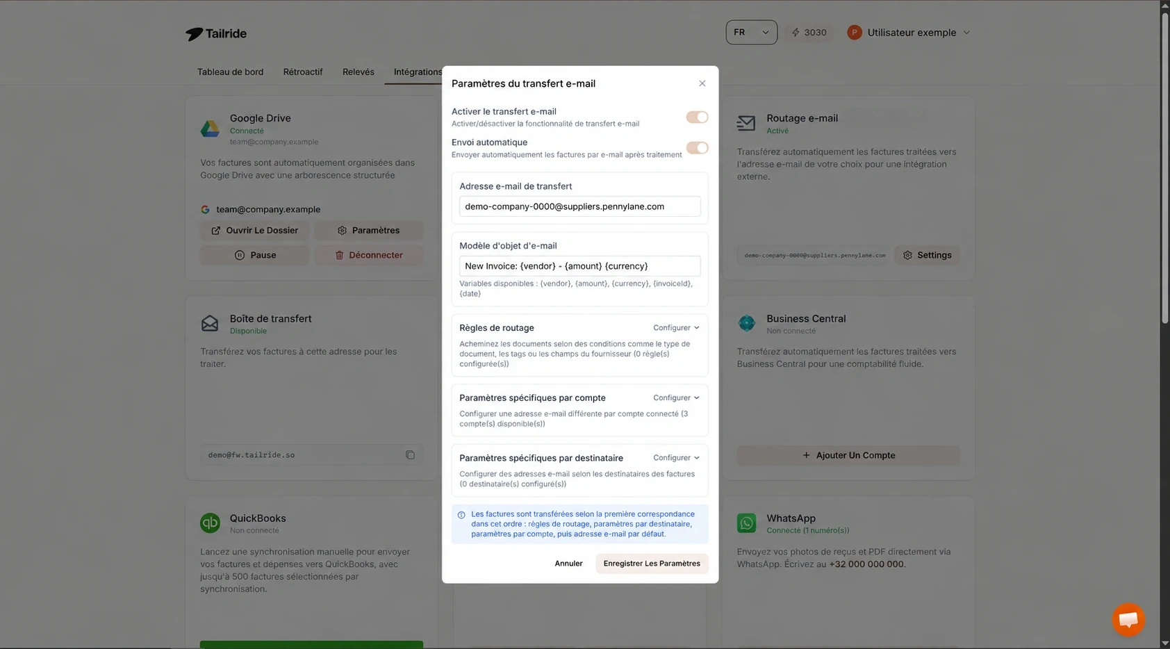Paramètres Email Routing dans Tailride avec envoi automatique configuré vers une adresse d'import Pennylane