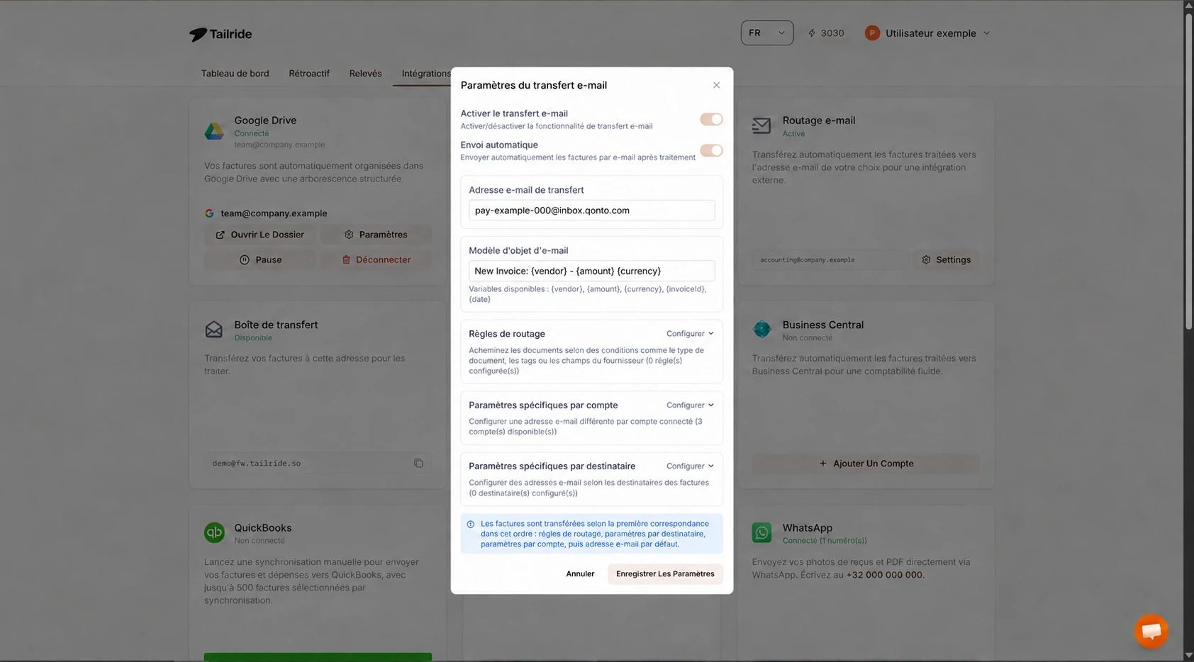 Paramètres Email Routing dans Tailride avec envoi automatique vers une adresse pay Qonto