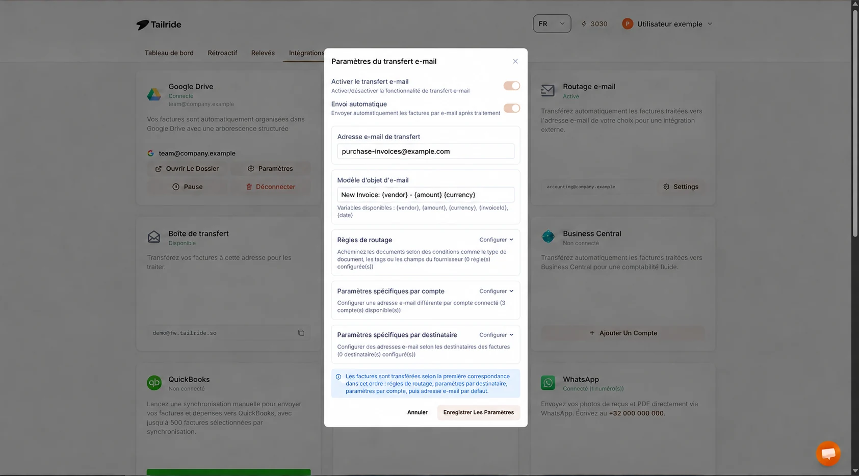 Paramètres du Routage e-mail Tailride avec l'envoi automatique activé et une adresse de destination