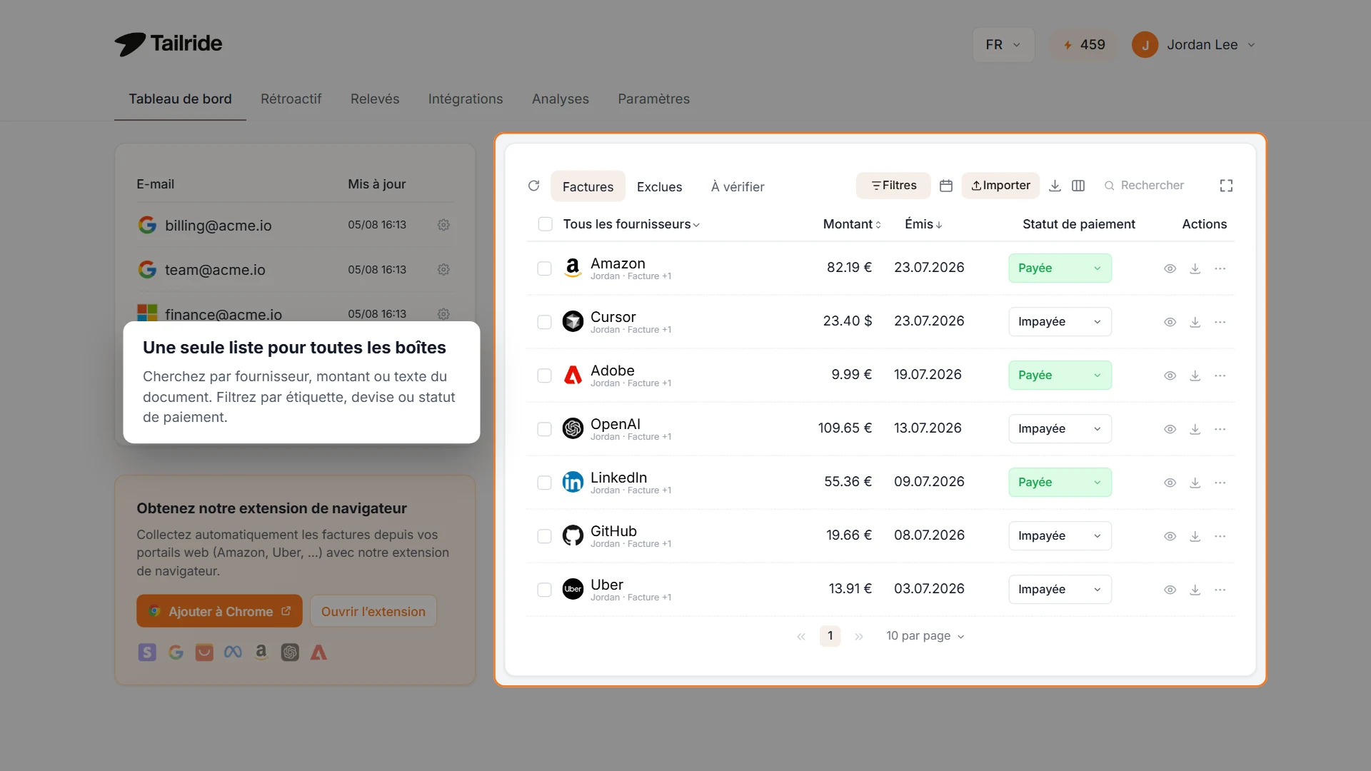 Tableau de bord web Tailride regroupant les factures issues de plusieurs sources connectées