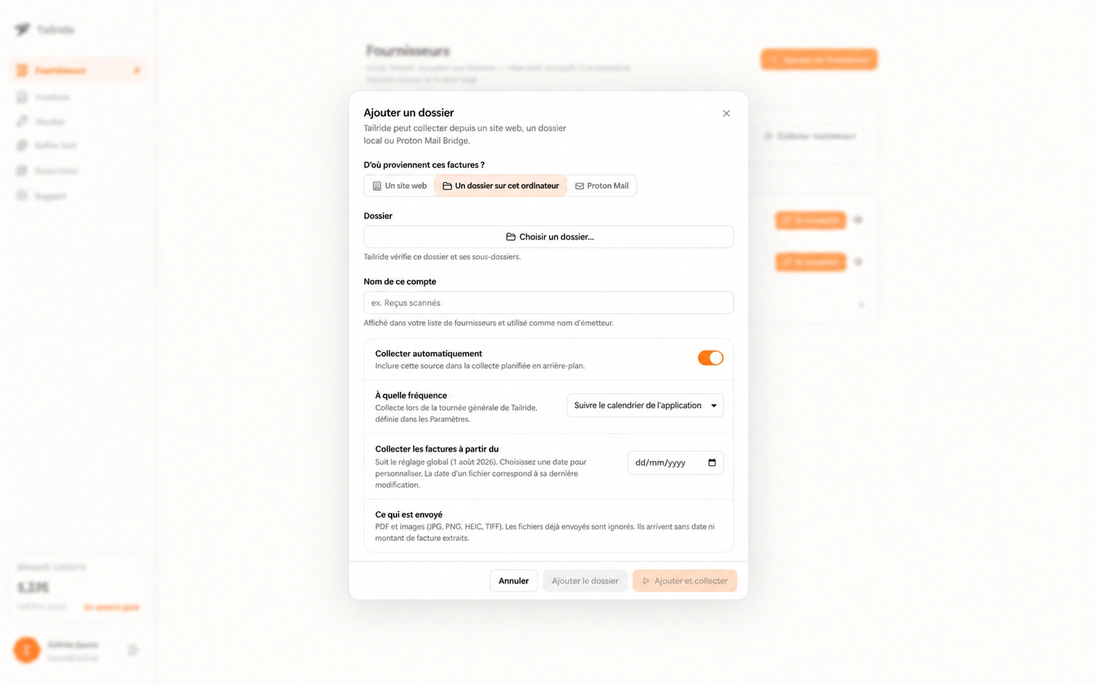 Configuration d'un dossier surveillé dans Tailride Desktop