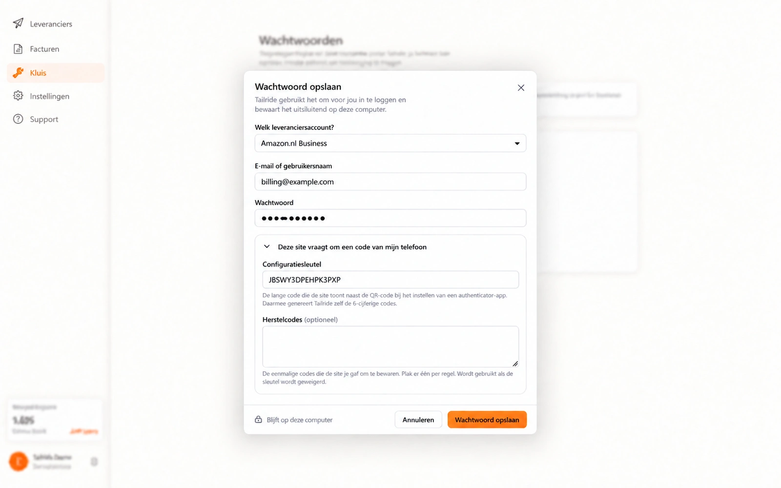Tailride Desktop scherm Wachtwoord opslaan met voorbeeld van Amazon Business login en TOTP-sleutel