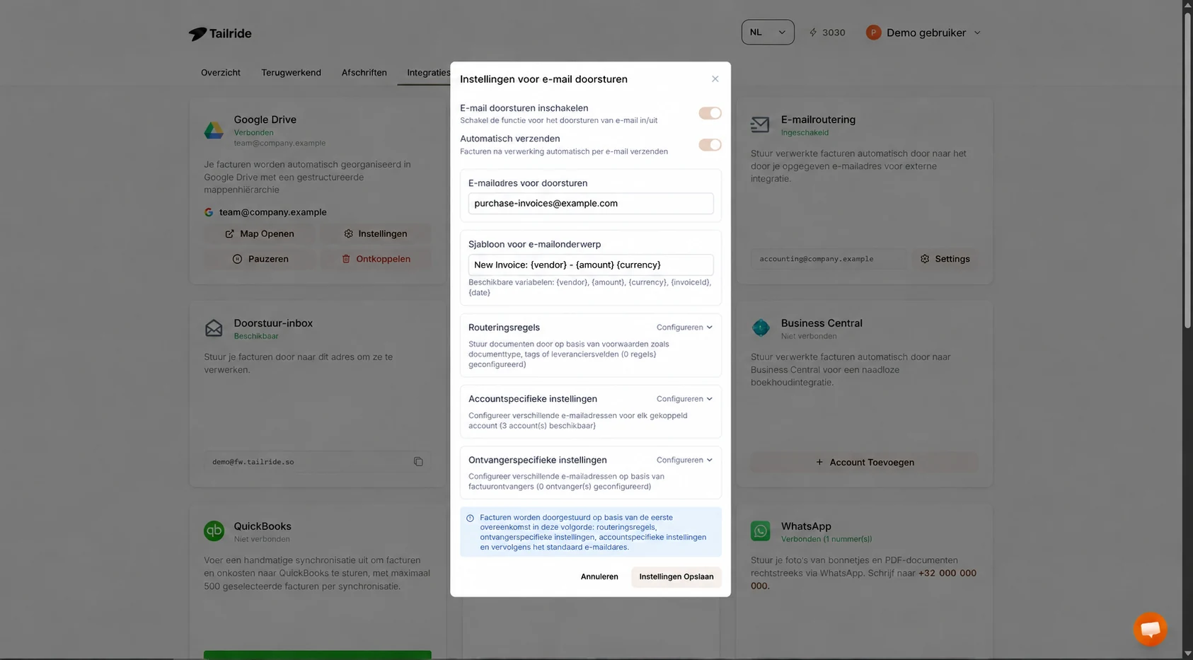 Tailride-instellingen voor e-mailroutering met automatisch verzenden en een voorbeeldadres voor leveranciers