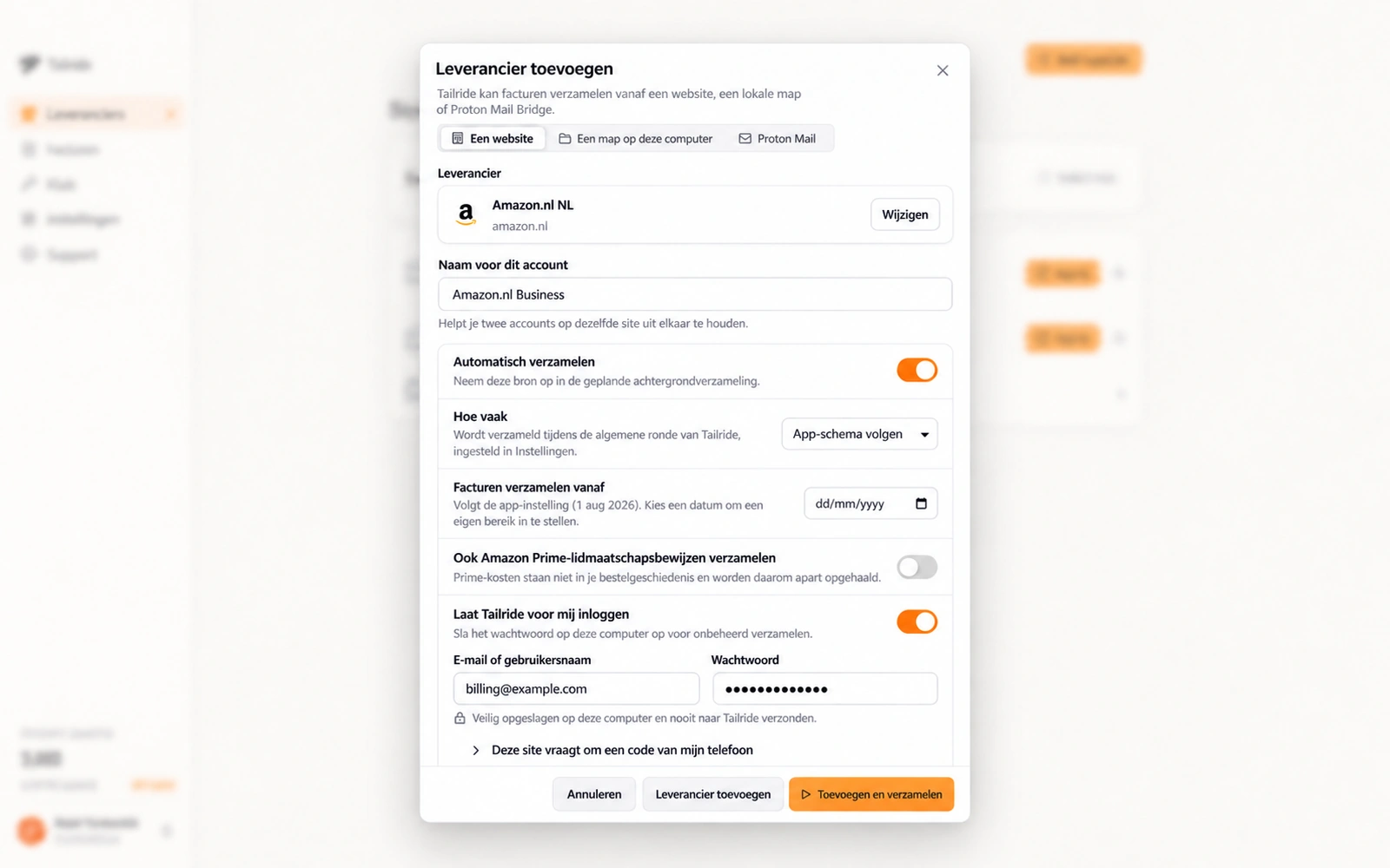 Instellingen voor een leverancier in de Tailride desktop app met automatische factuurverzameling en opgeslagen inloggegevens