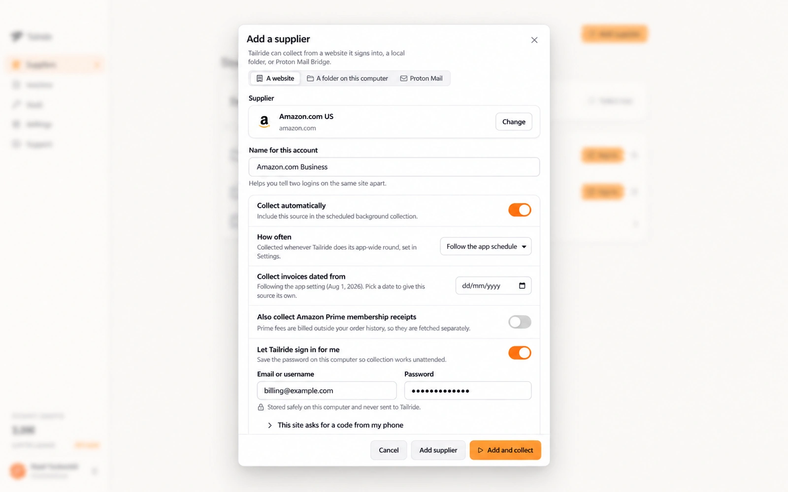 Tailride desktop supplier settings with automatic collection and saved sign-in enabled