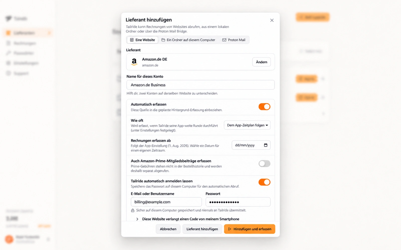 Einstellungen eines Lieferanten in Tailride Desktop mit automatischem Abruf und hinterlegten Logindaten