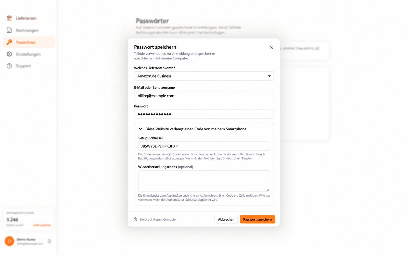 Tailride Kennwort-Dialog mit maskiertem Passwort und Beispiel-TOTP-Schlüssel