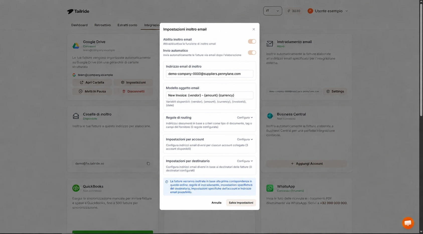 Impostazioni di Tailride Email Routing con invio automatico abilitato e indirizzo fatture fornitore Pennylane
