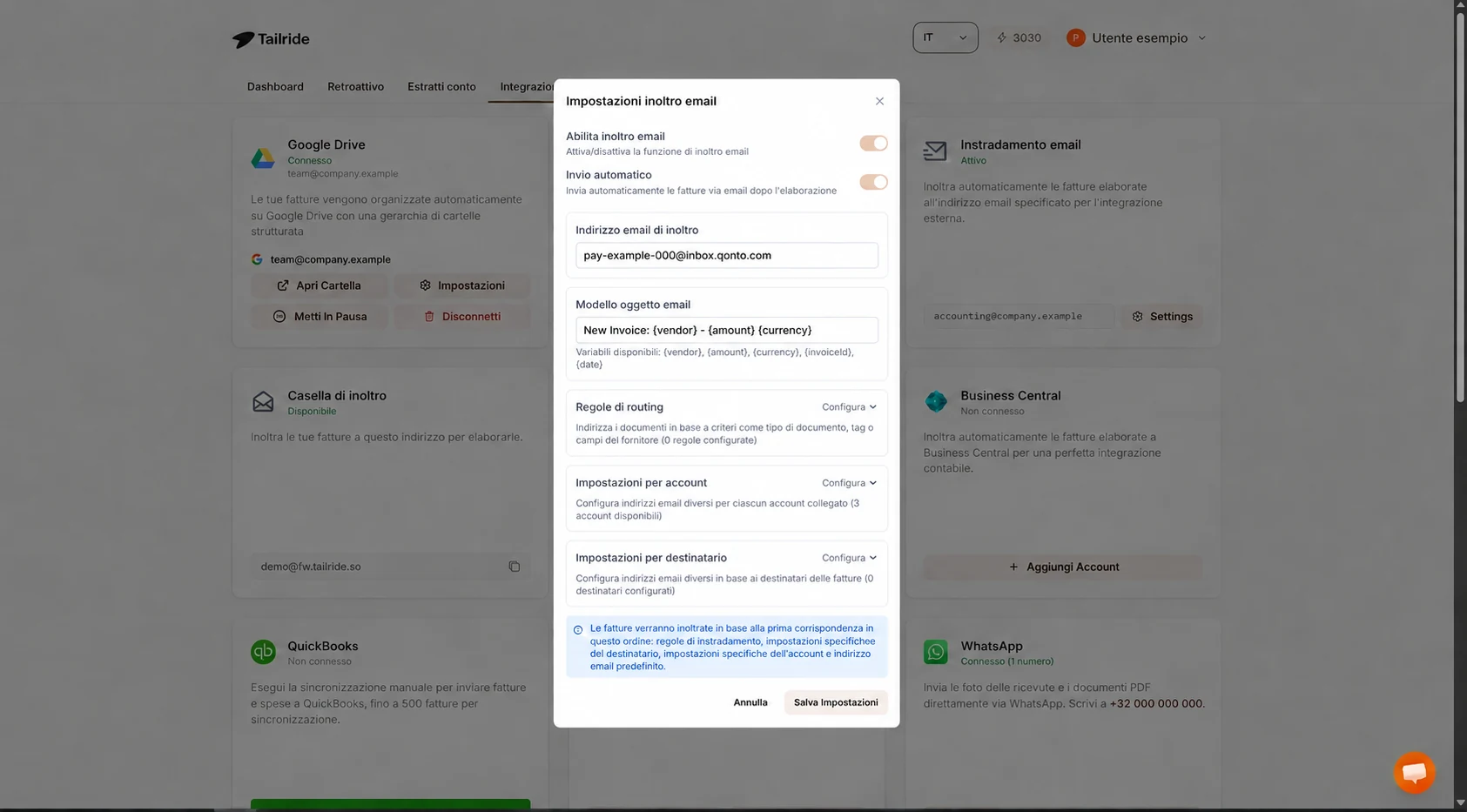 Pannello di configurazione Email Routing in Tailride con invio automatico abilitato verso indirizzo Qonto
