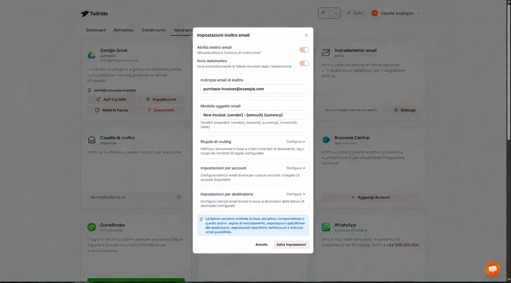 Schermata di configurazione di Instradamento email in Tailride con invio automatico abilitato