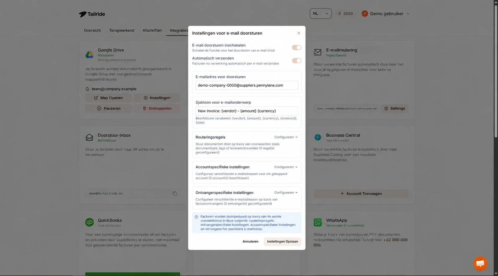Instellingen voor e-mailrouting in Tailride met automatische verzending ingeschakeld en een voorbeeldadres voor Pennylane