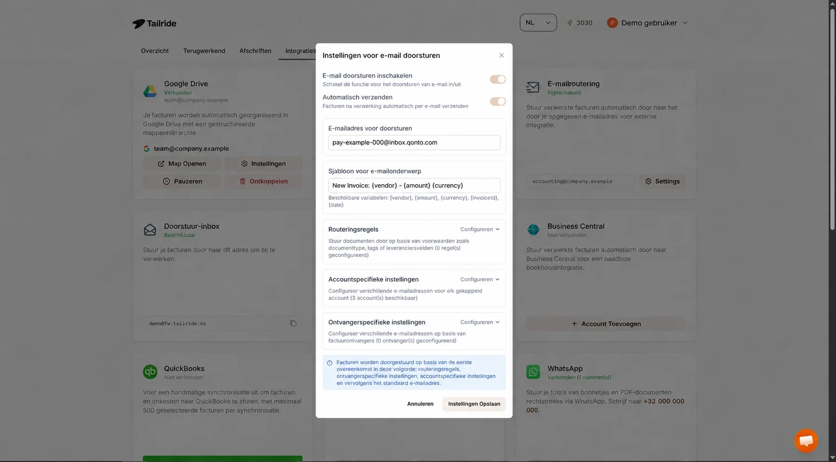 Tailride Email Routing instellingen met automatisch verzenden geactiveerd en een voorbeeldadres van Qonto