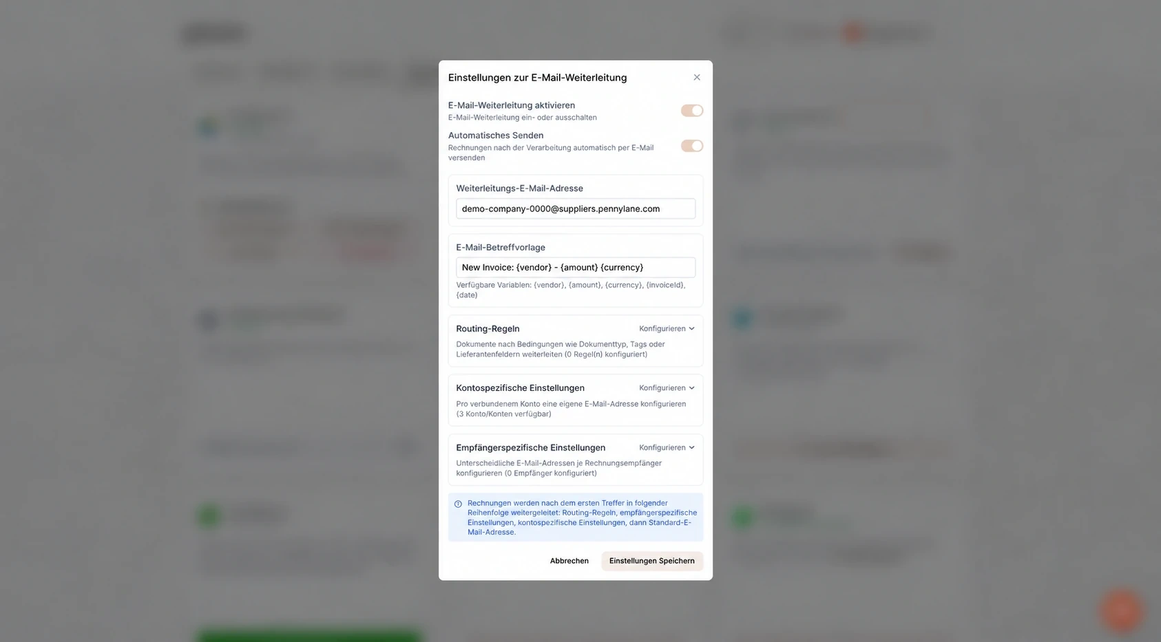 Einstellungen für das E-Mail-Routing in Tailride mit aktivierter automatischer Weiterleitung an Pennylane