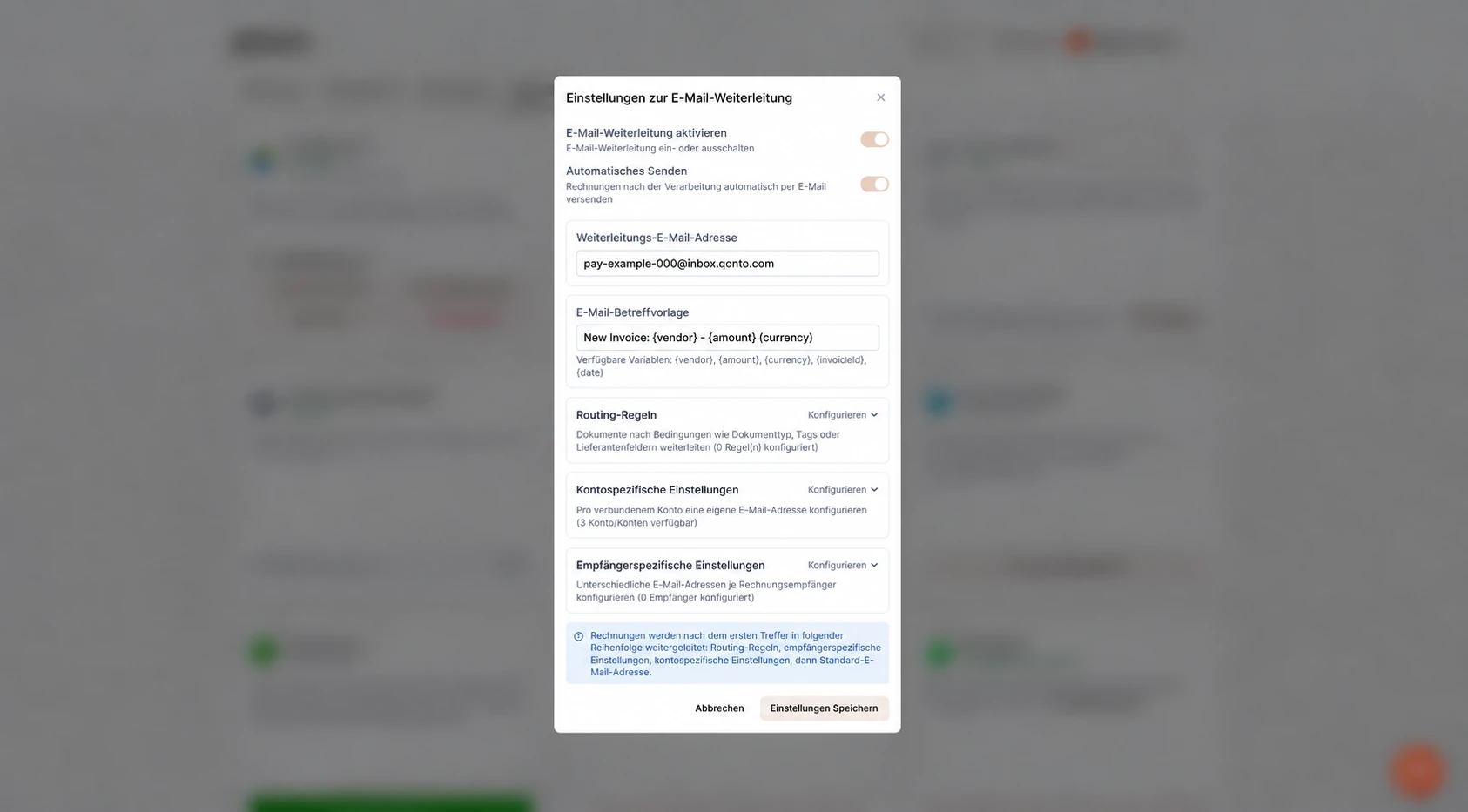 Tailride Email Routing Einstellungen mit aktivierter automatischer Weiterleitung an eine illustrative Qonto-Adresse