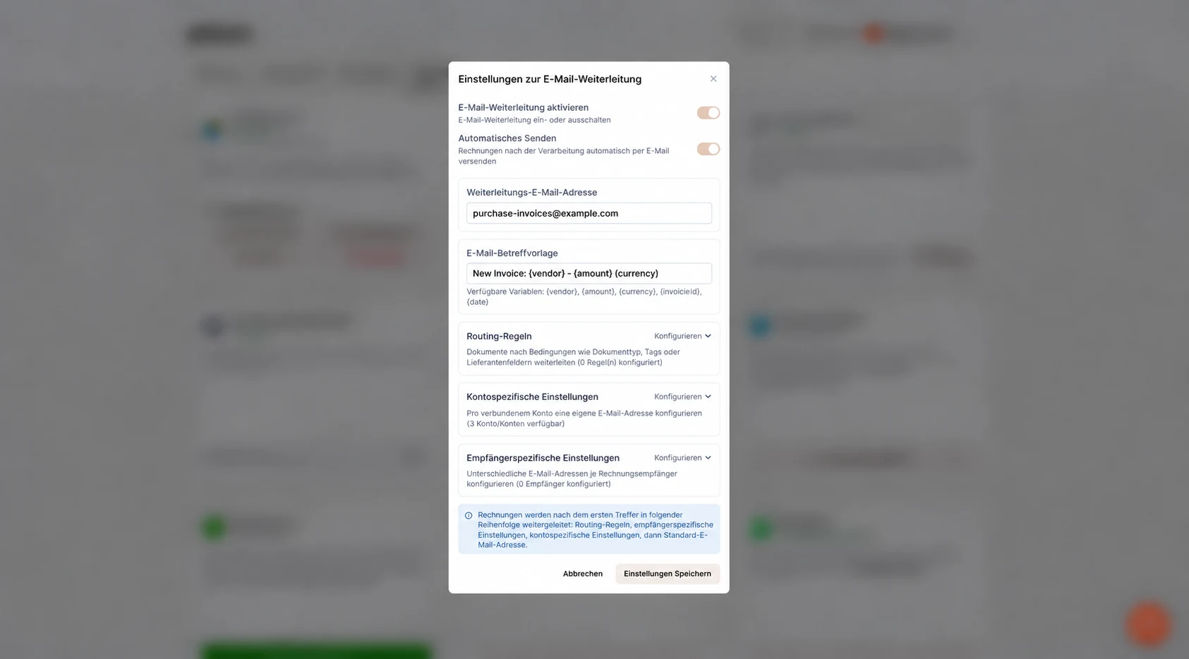 Einstellungen für das Tailride E-Mail-Routing mit aktiviertem automatischem Senden