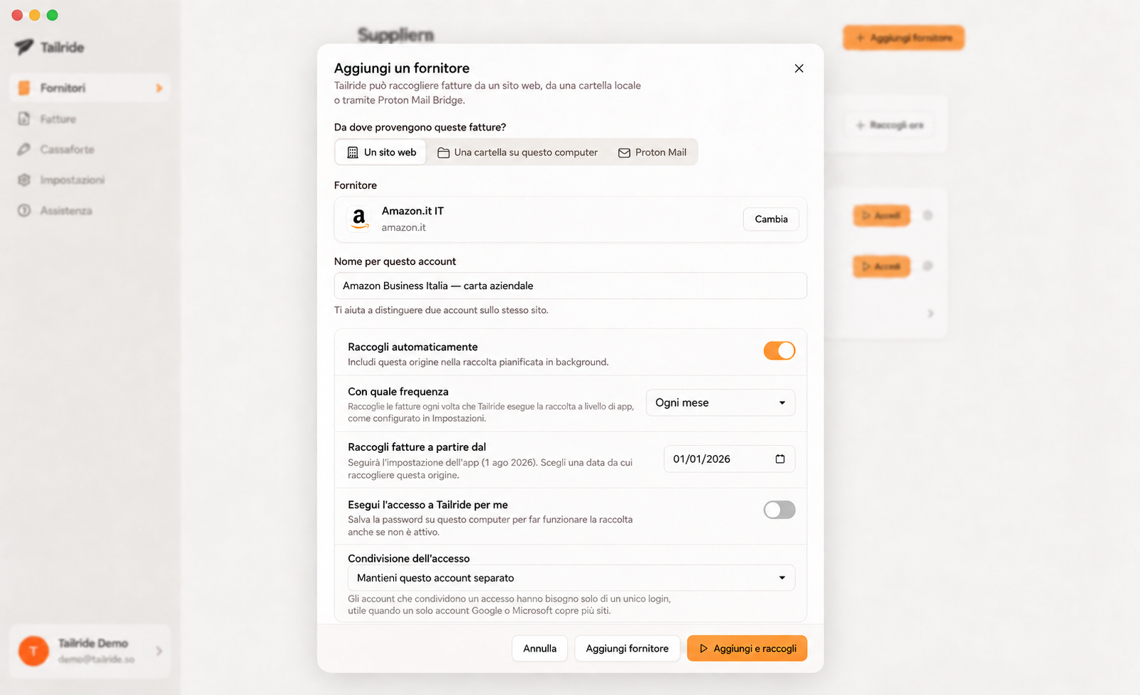 Pianificazione del download automatico delle fatture Amazon Business nell'app desktop Tailride