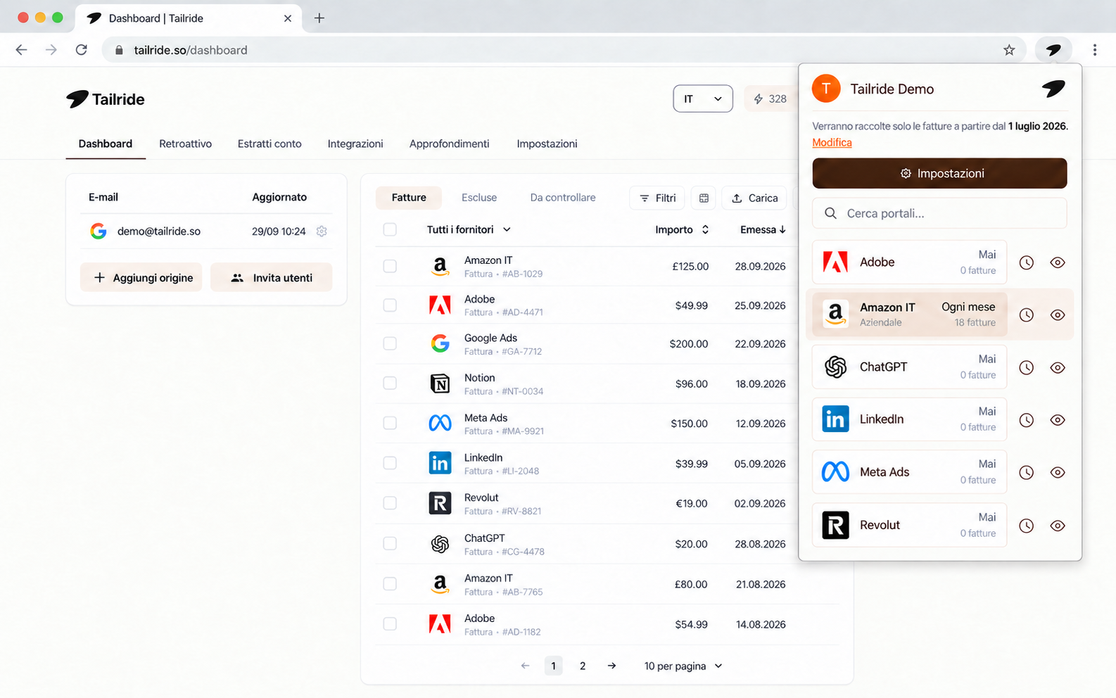 Configurazione dell'estensione browser Tailride per raccogliere le fatture Amazon Business ogni mese