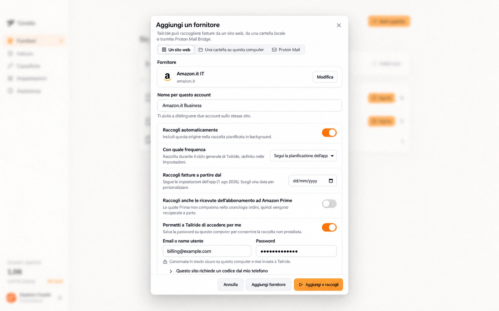 Configurazione di Amazon su Tailride Desktop con recupero automatico e credenziali abilitate