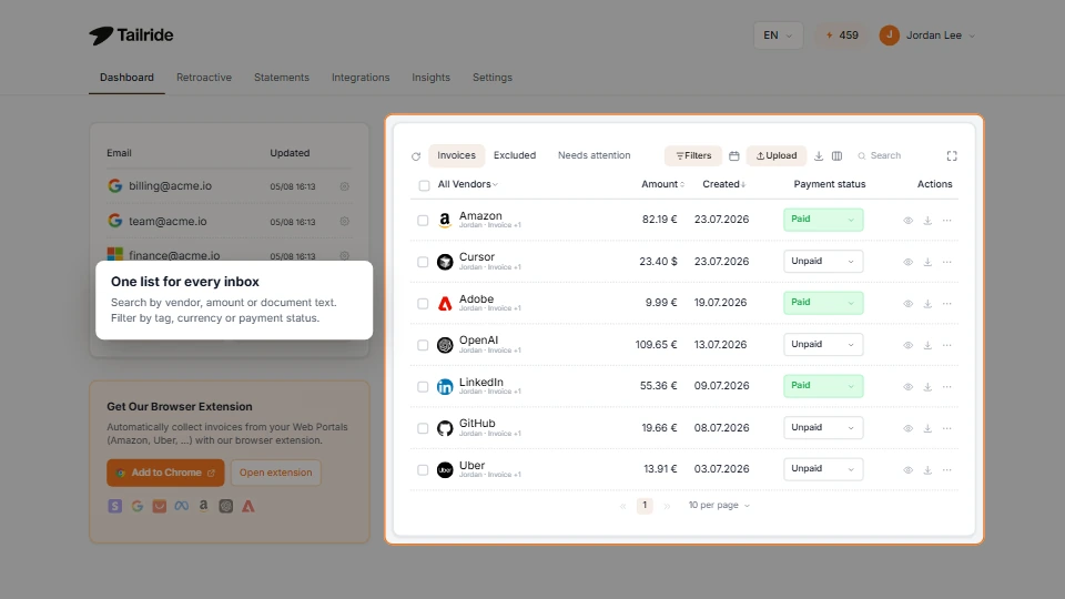 Illustrative Tailride dashboard showing connected email inboxes and a shared supplier invoice list