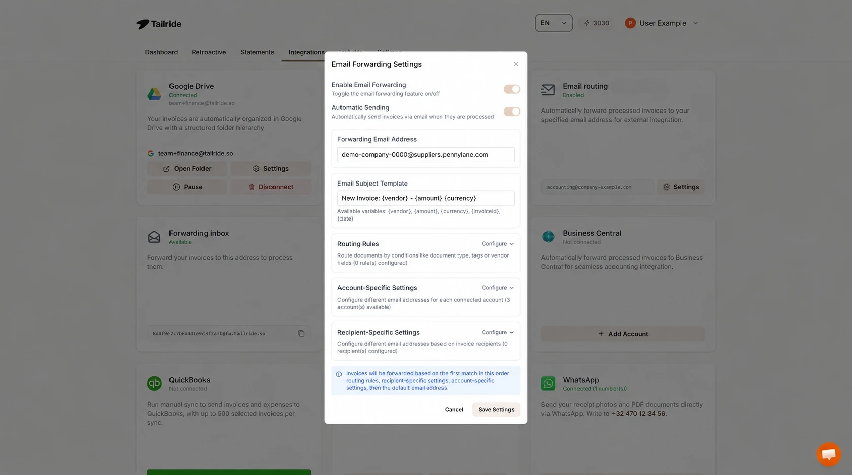 Tailride Email Routing settings with automatic sending enabled and an illustrative Pennylane supplier-invoice destination