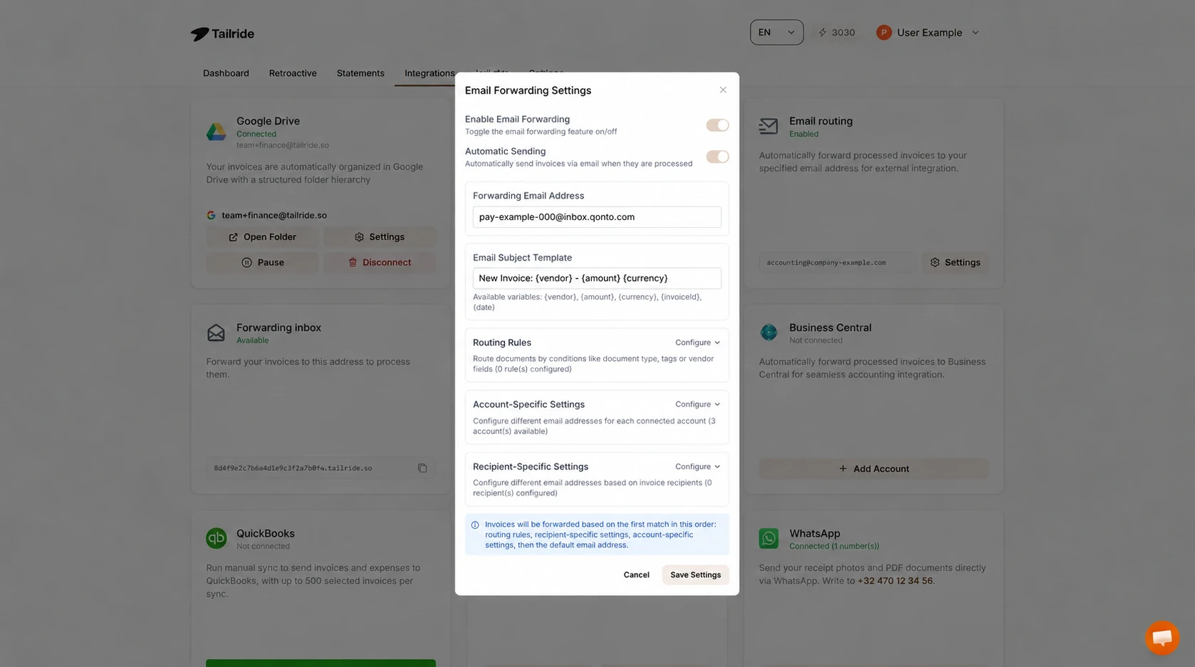 Tailride Email Routing settings with automatic sending enabled and an illustrative Qonto pay address